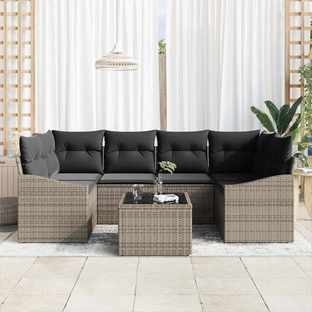 Garten-Sofa-Set 7 pcs Grau Poly-Rattan und Stahl und Glas